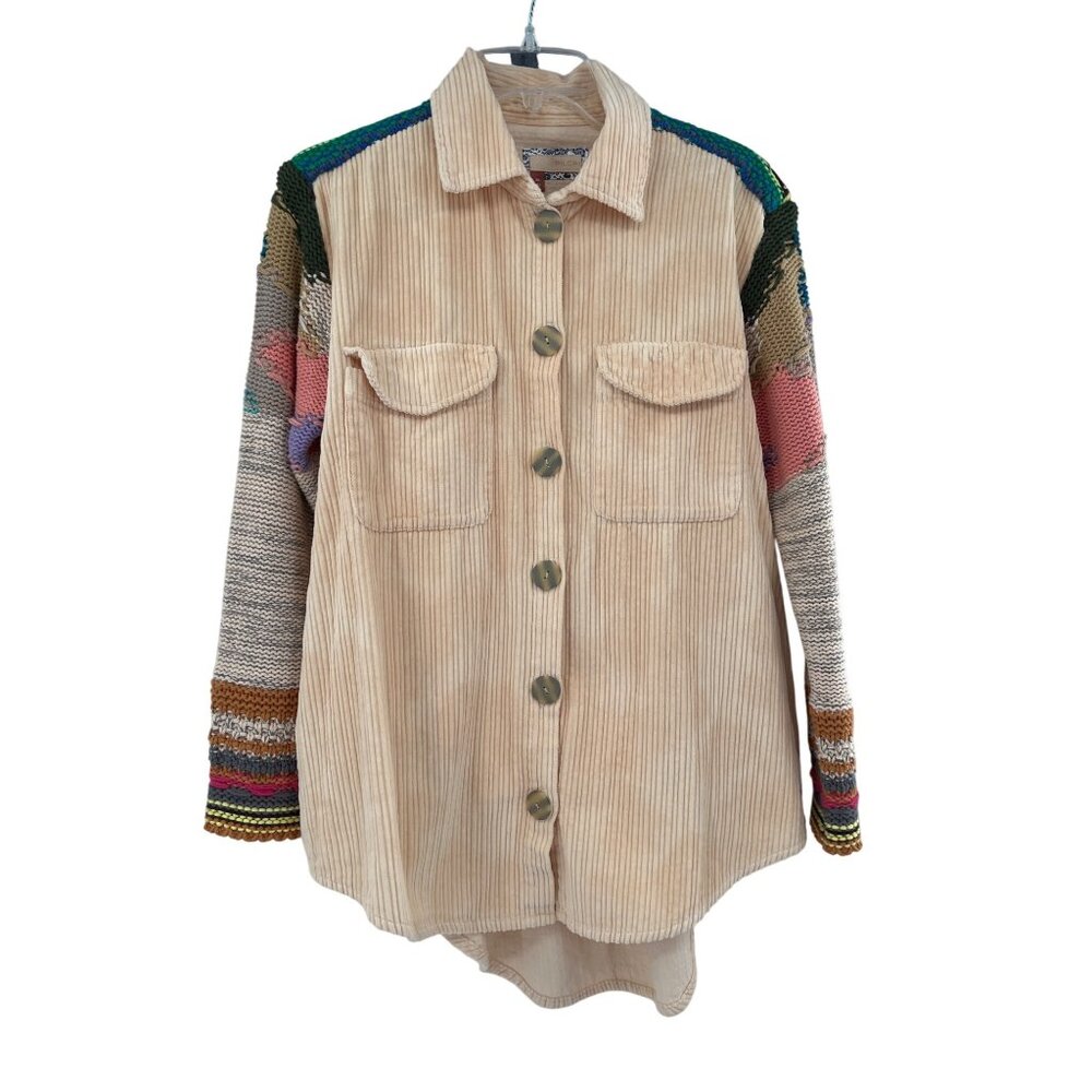 Pilcro Anthropologie Easy Going Corduroy‎ Shirt Jacket XS Beige Knit Sleeves